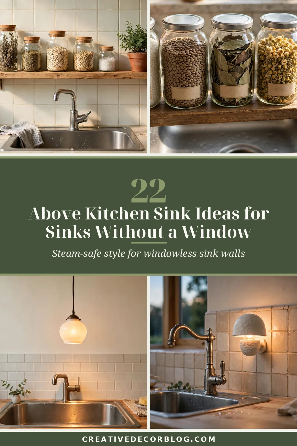 Pinterest pin for 22 Above Kitchen Sink Ideas for Sinks Without a Window