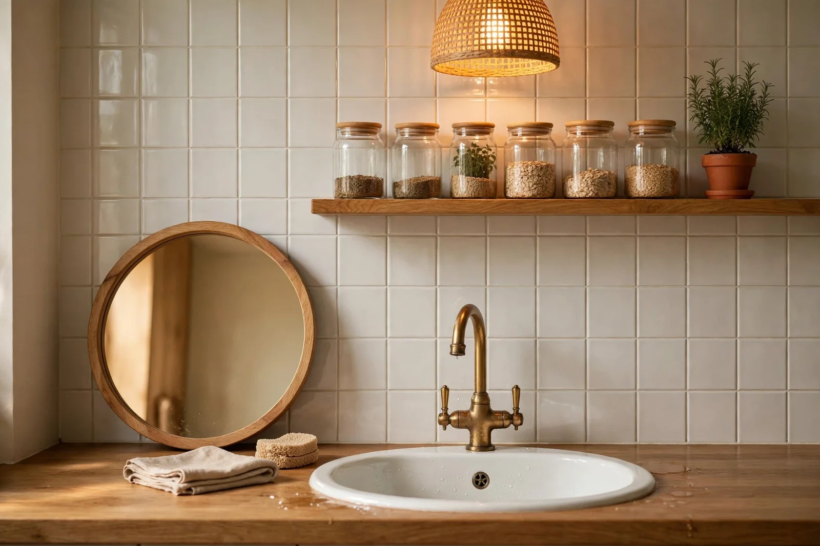 Warm kitchen sink corner with no window, wooden shelf with glass jars, round mirror and glowing pendant