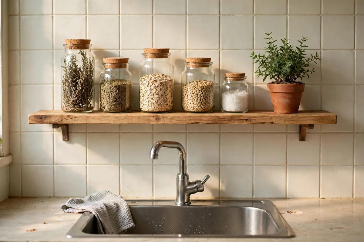 Shallow wooden shelf above a kitchen sink splashback styled with plain glass jars and a small plant