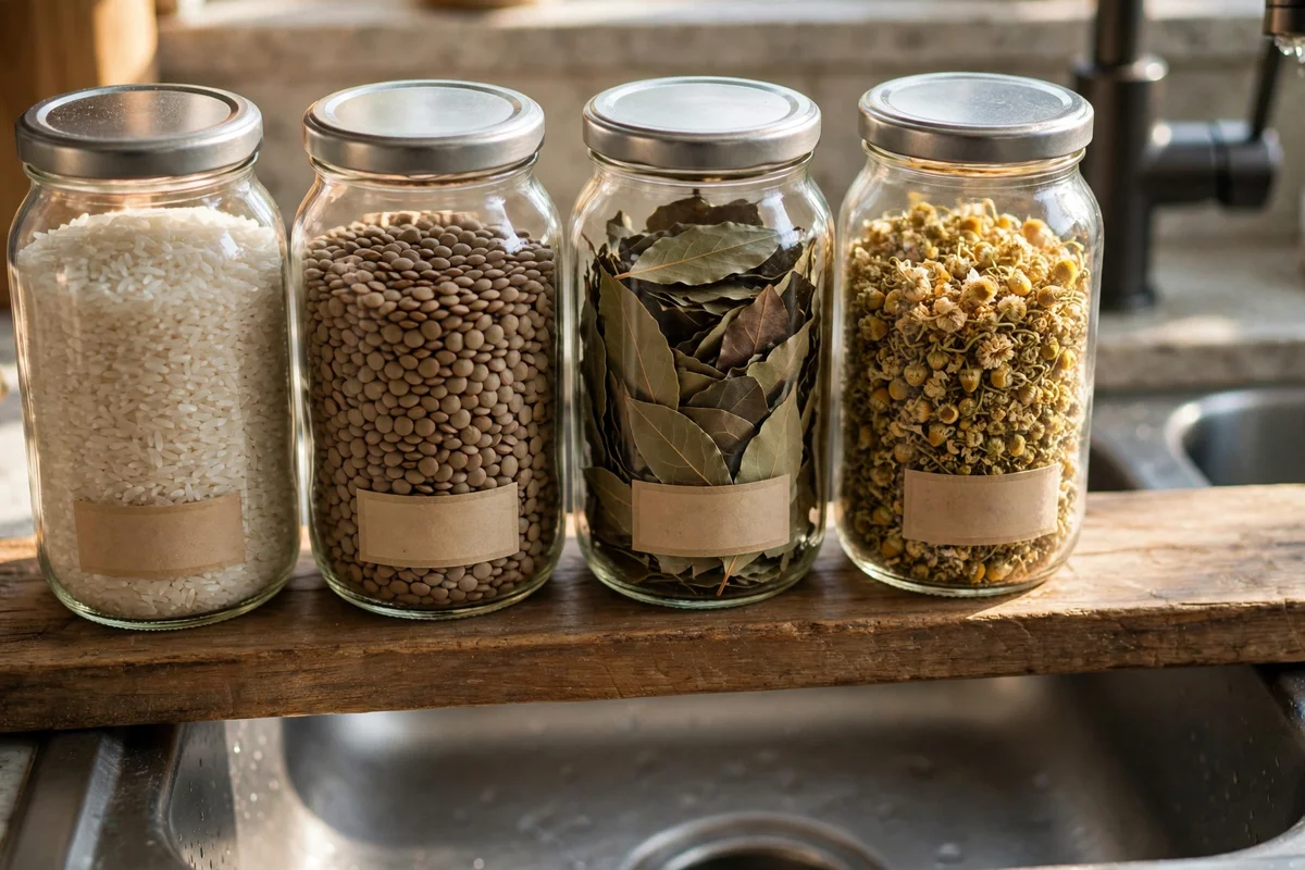 Plain clear glass jars of rice, lentils and dried herbs lined on a wooden shelf above a sink