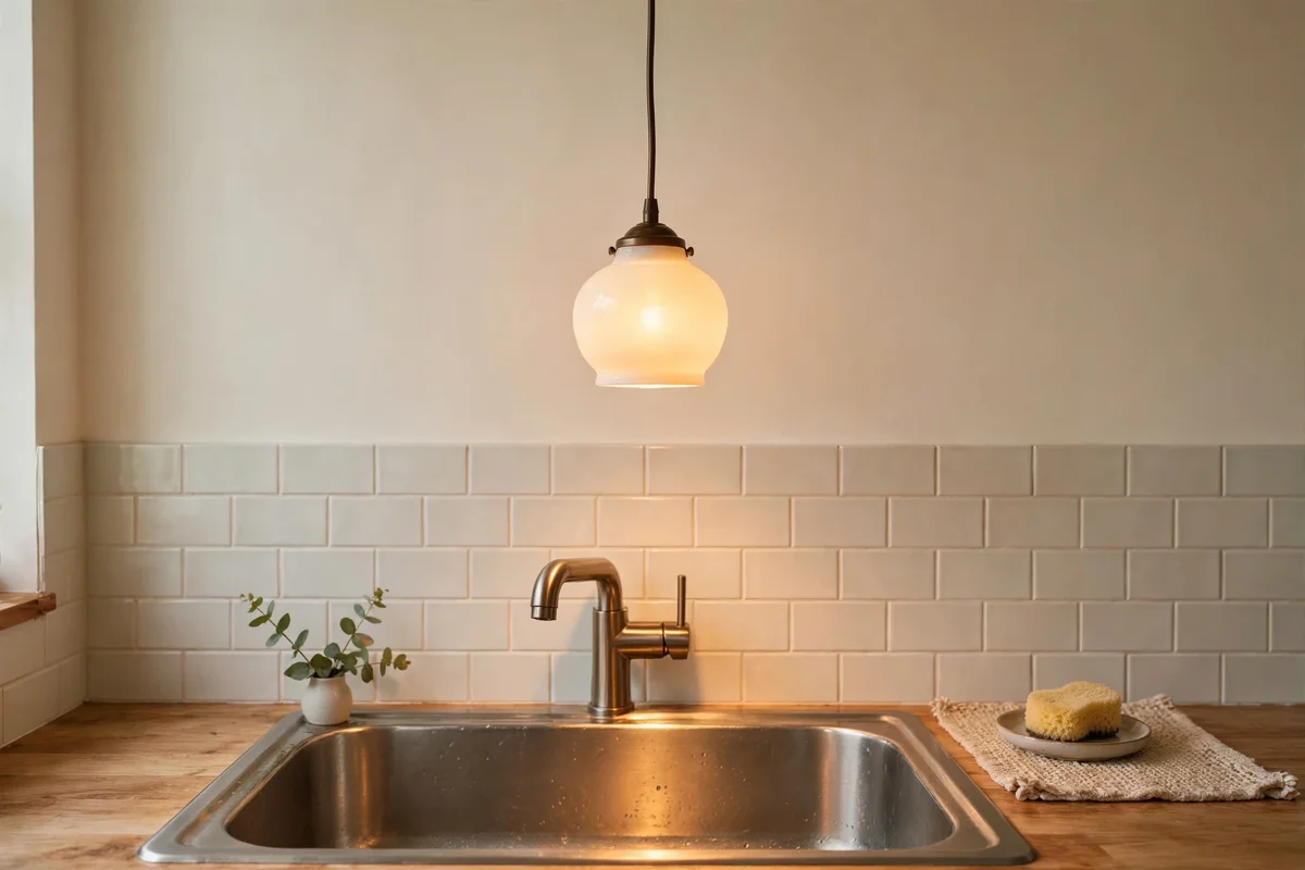 Small opal glass pendant glowing warmly over a kitchen sink against a plain wall