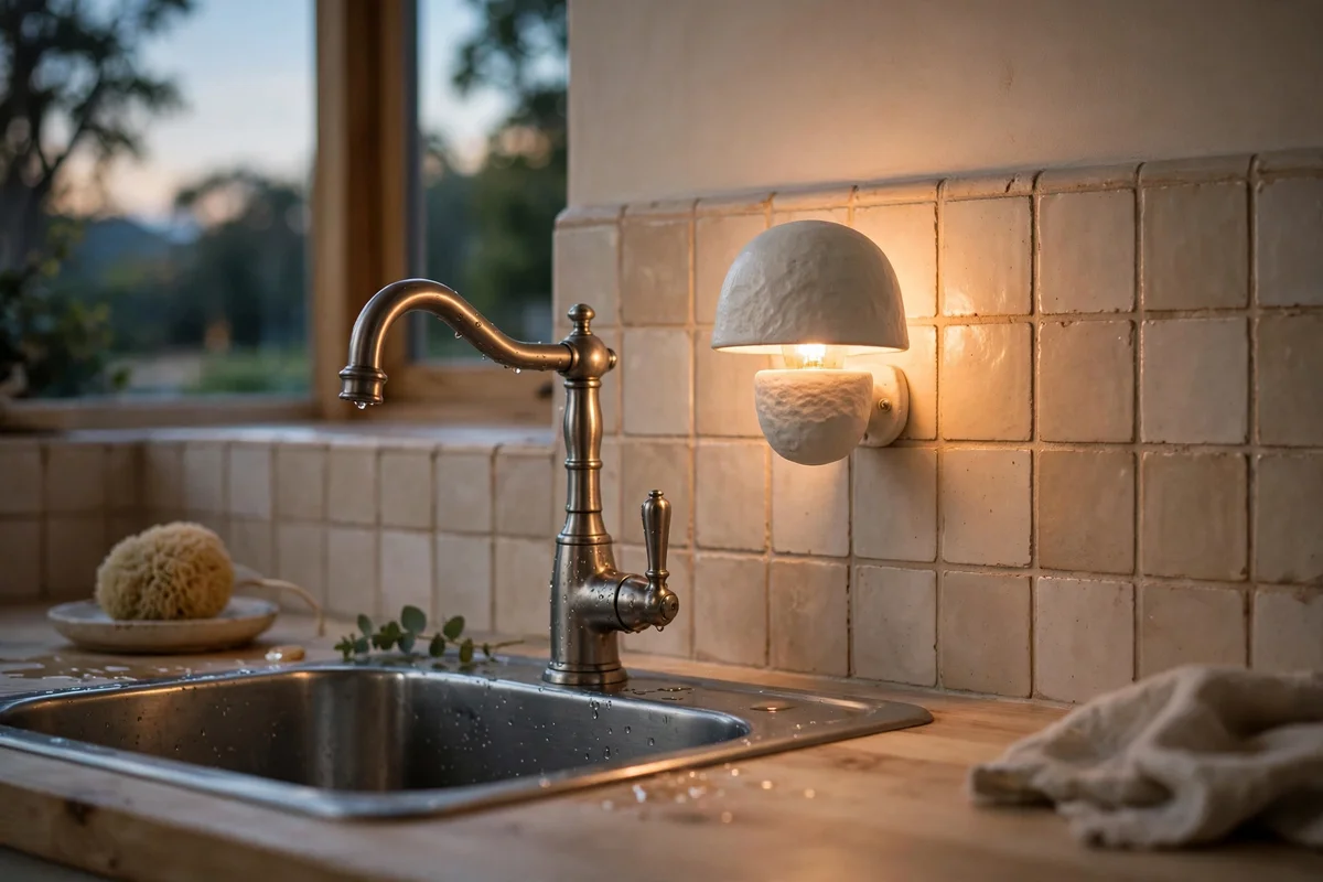 Small ceramic wall sconce with warm light mounted beside a kitchen sink splashback