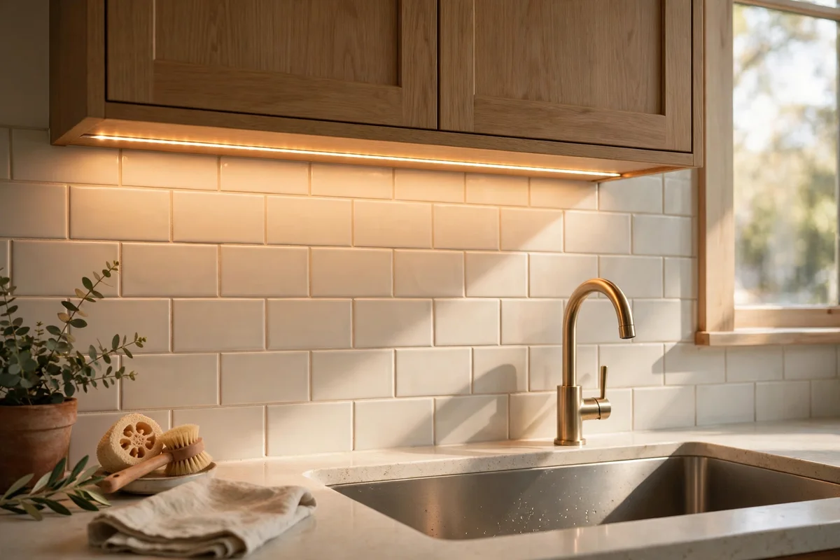 Warm LED strip glowing under a wall cabinet above a kitchen sink, washing pale tiles