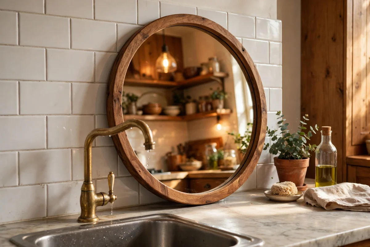 Round mirror with sealed wooden frame leaning against a kitchen splashback behind the tap