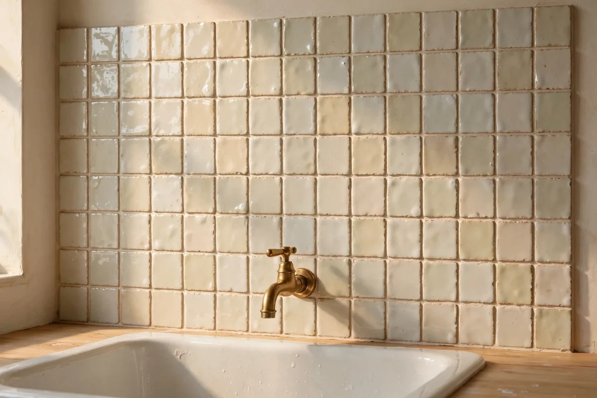 Pale gloss zellige tiles as a kitchen sink splashback catching warm light with handmade glaze