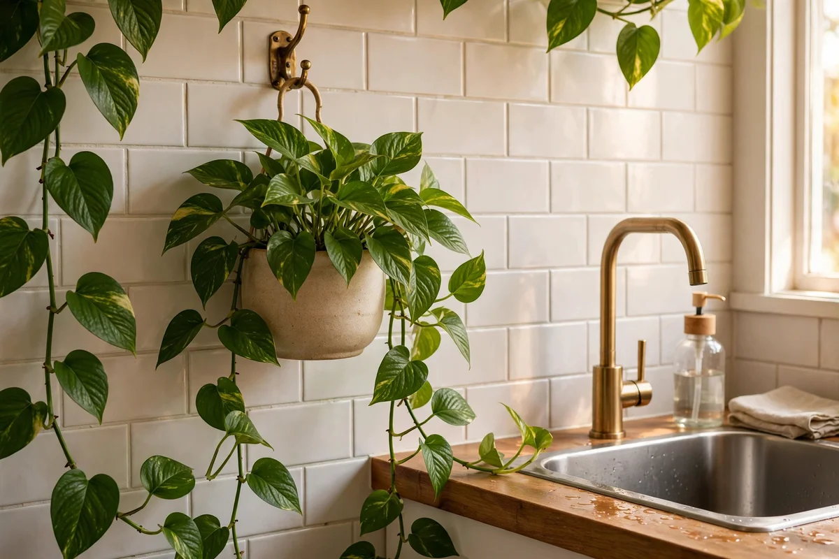Trailing pothos in a ceramic pot hanging from a hook beside a kitchen sink