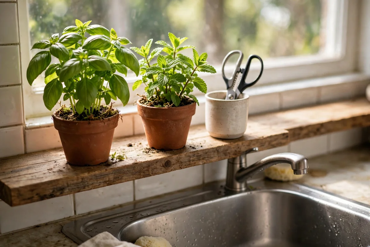 Small pots of basil and mint on a wooden shelf edge above a kitchen sink