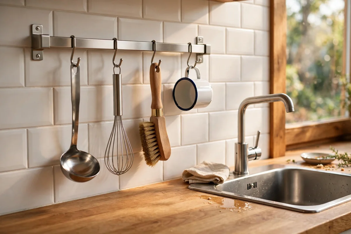 Stainless steel wall rail with hooks holding utensils and a small enamel cup beside a sink