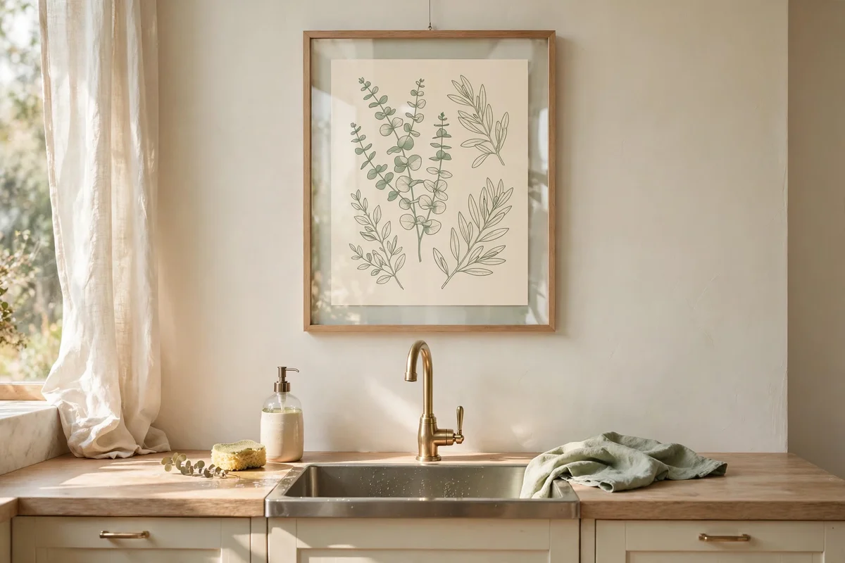 Framed botanical line print in a sealed glass frame hanging above a kitchen sink