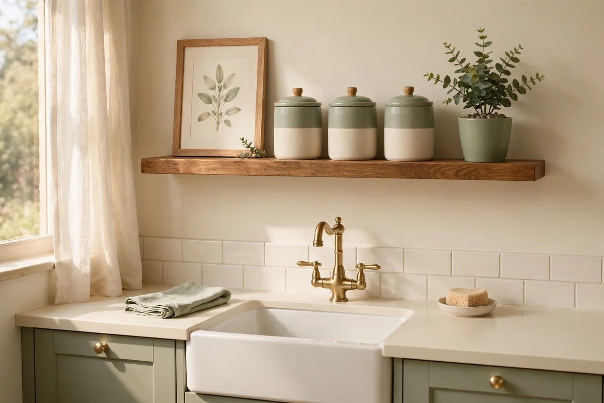 Kitchen sink shelf styled in a calm two-colour cream and sage palette with matching jars