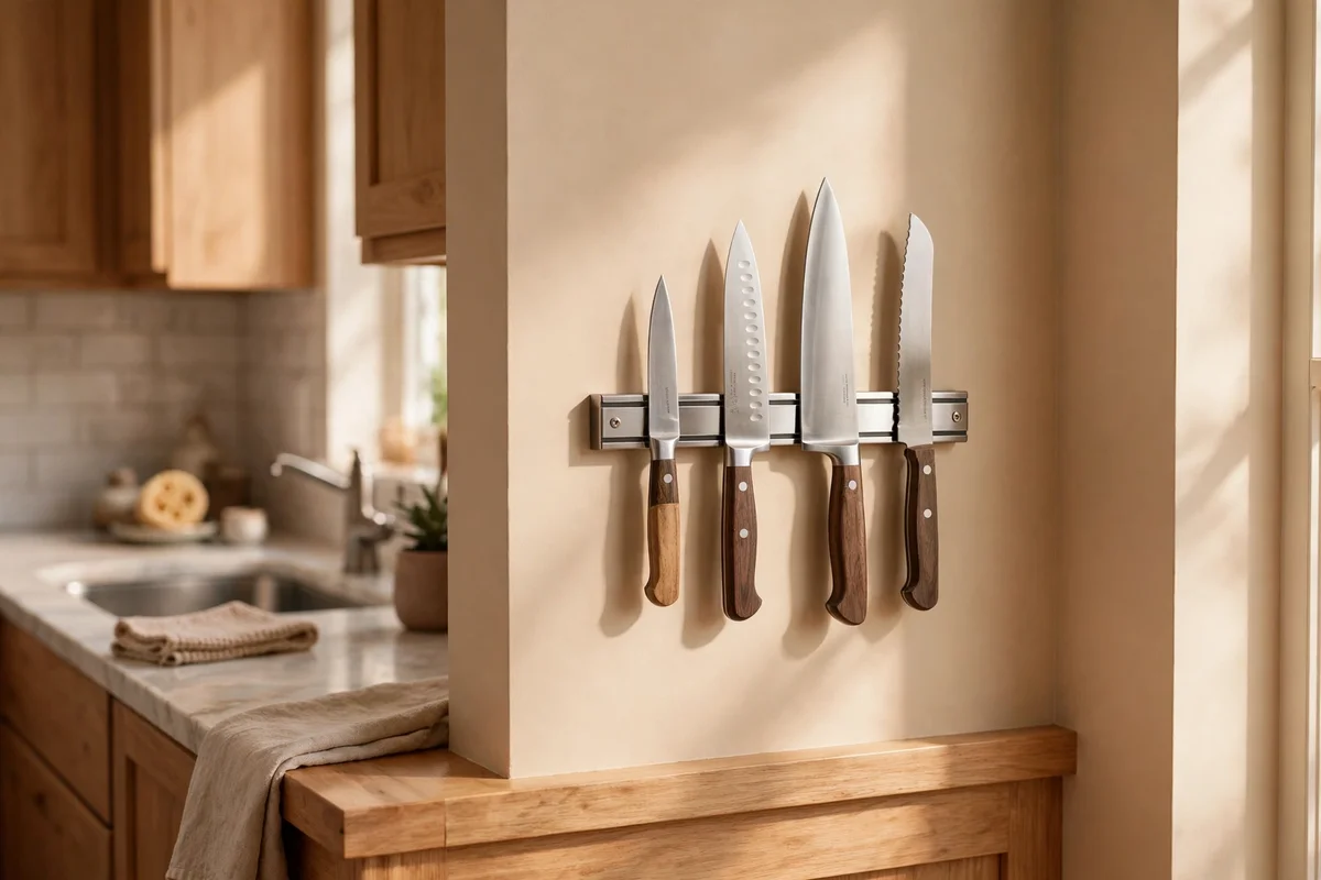 Narrow stainless magnetic knife strip on a kitchen side wall beside the sink