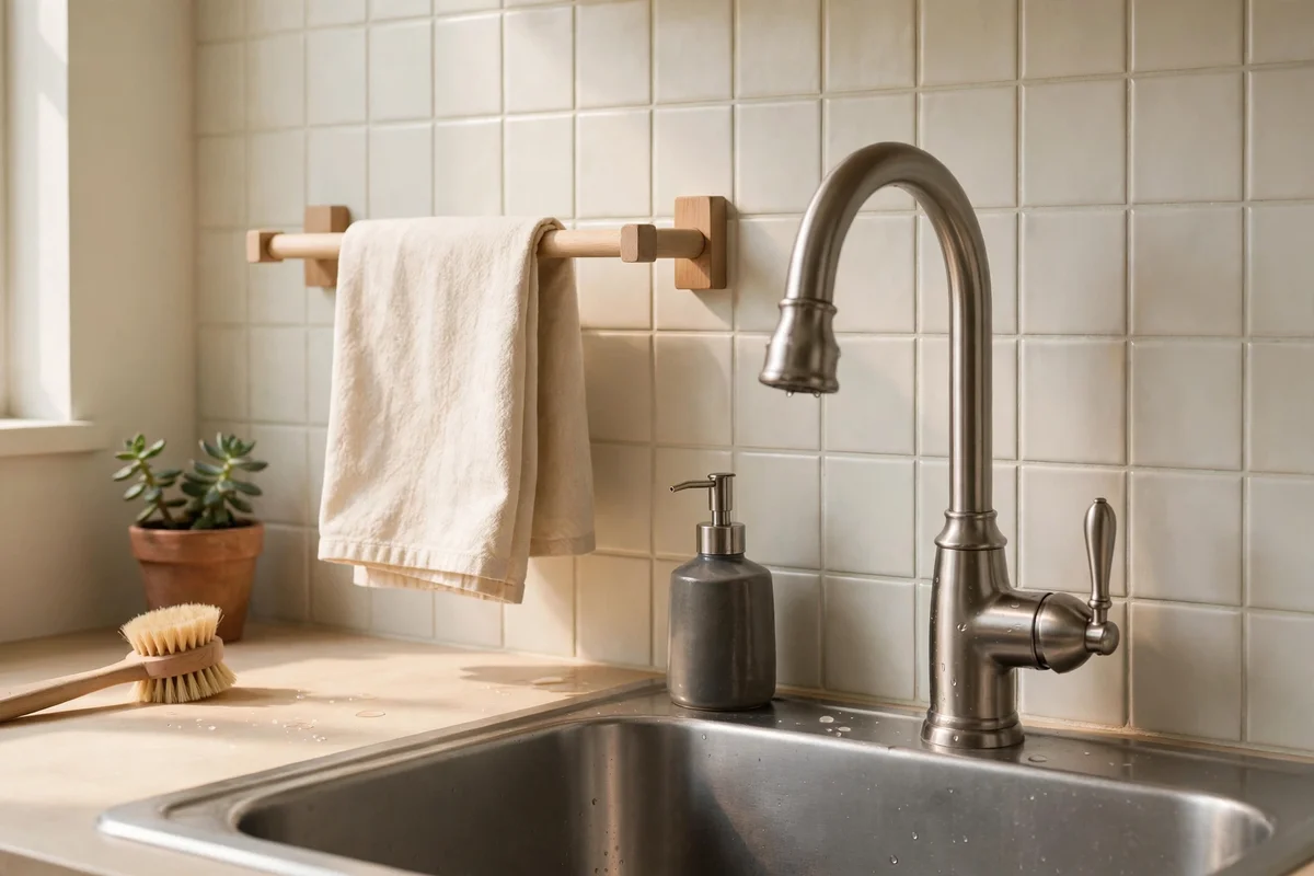Wooden dowel beside a kitchen tap holding a folded cotton tea towel