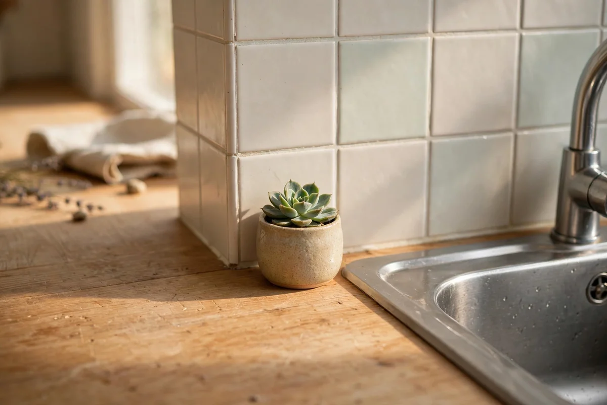 Tiny ceramic planter with a small succulent on the back corner of a kitchen worktop
