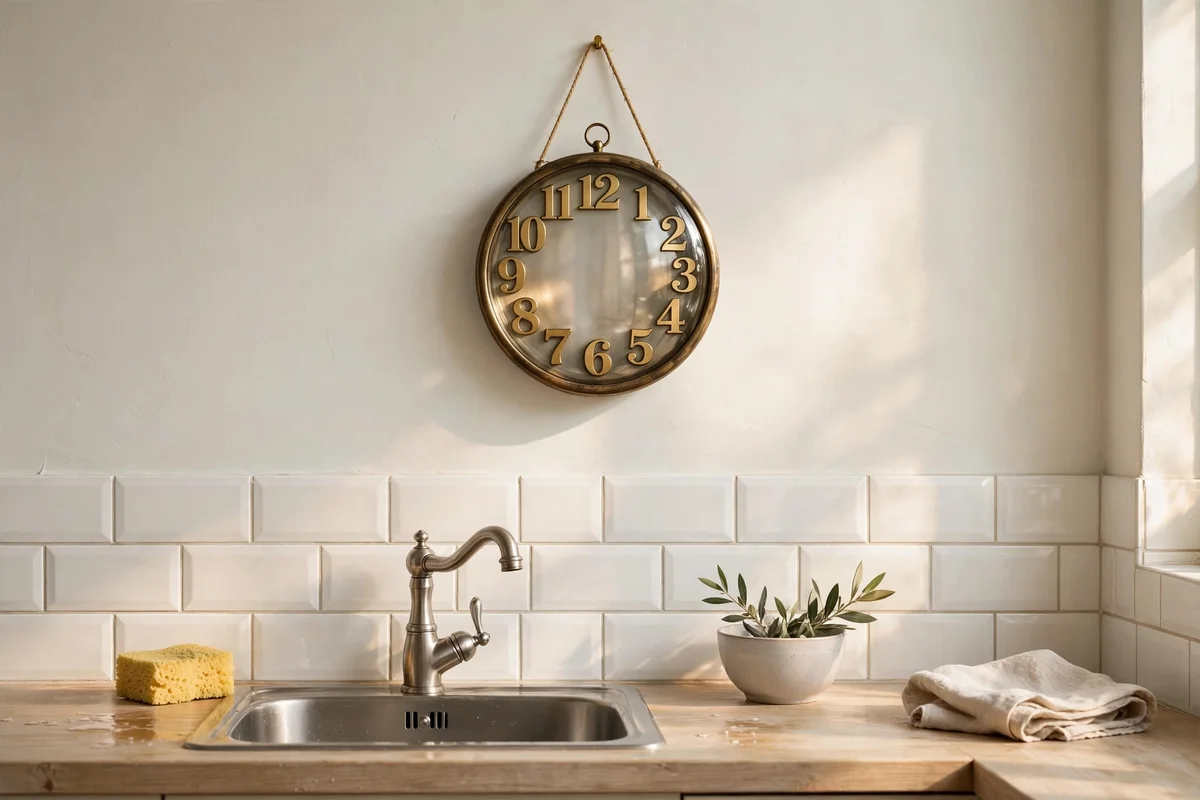 Small wall clock with sealed glass face and warm numerals above a kitchen sink