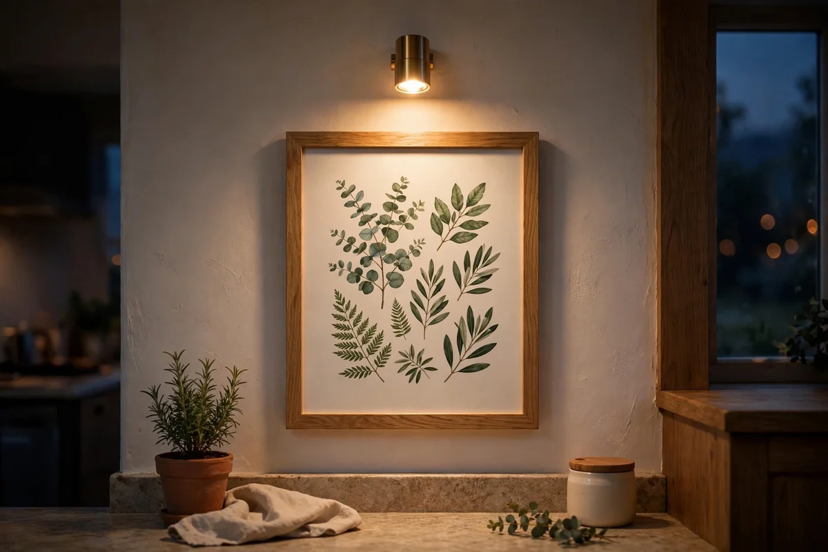 Small cordless LED picture light glowing warm above a framed print on a kitchen wall