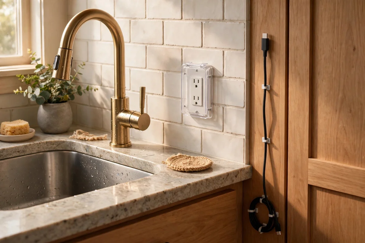 Kitchen sink corner with a splash cover over the wall outlet and cables tidied away from the tap