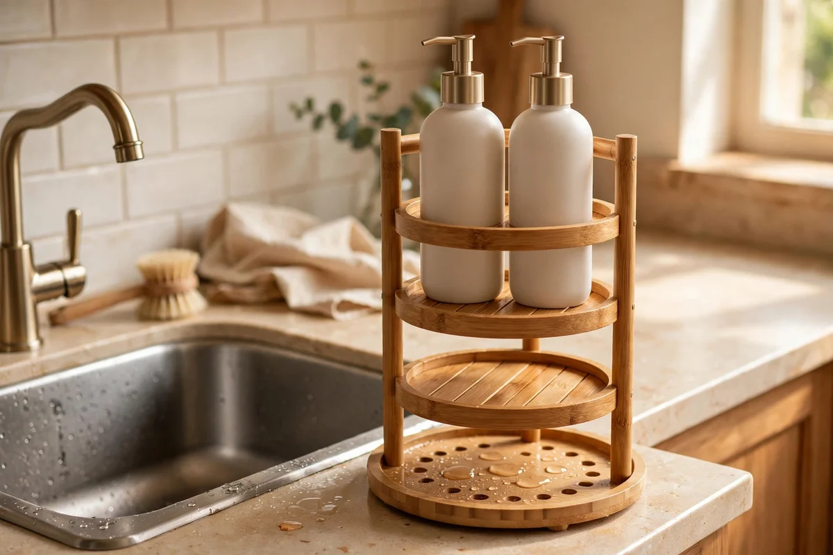 Three-tier bamboo stand beside a kitchen sink holding matching soap and hand cream bottles