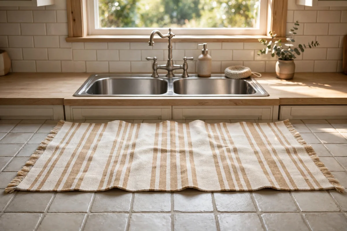 Pale washable cotton runner rug in front of a kitchen sink on a tiled floor