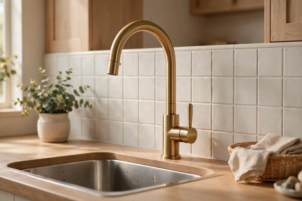 High-arc brushed brass mixer tap over a kitchen sink against pale tiled splashback