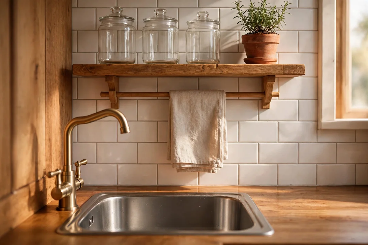 Tidy kitchen sink corner with a styled shelf, small herb pot and spotless basin after a wipe down