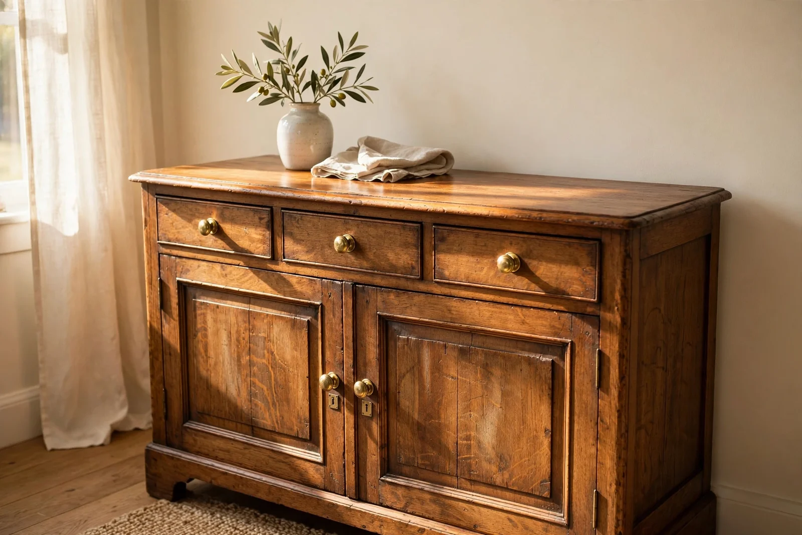 Antique oak sideboard with glowing patina in a sunlit room