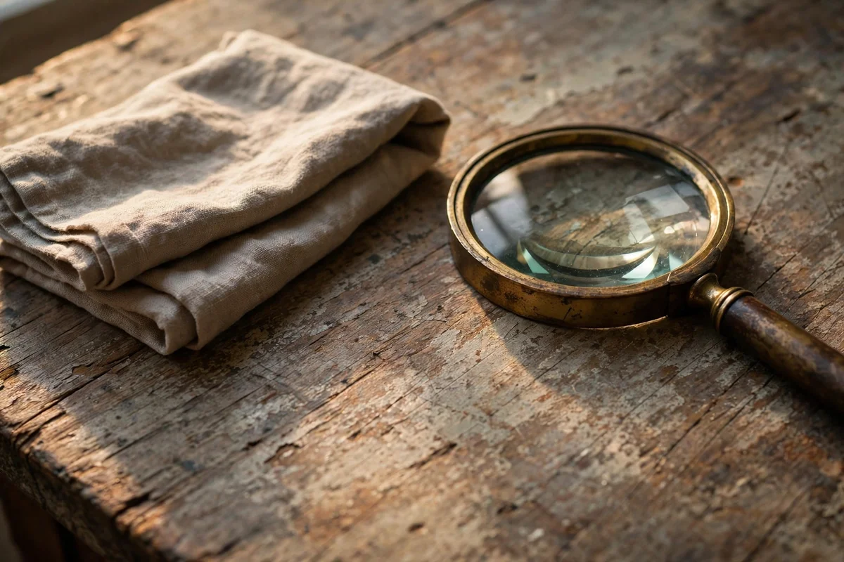 Close view of aged antique wood with magnifying glass and cloth beside it