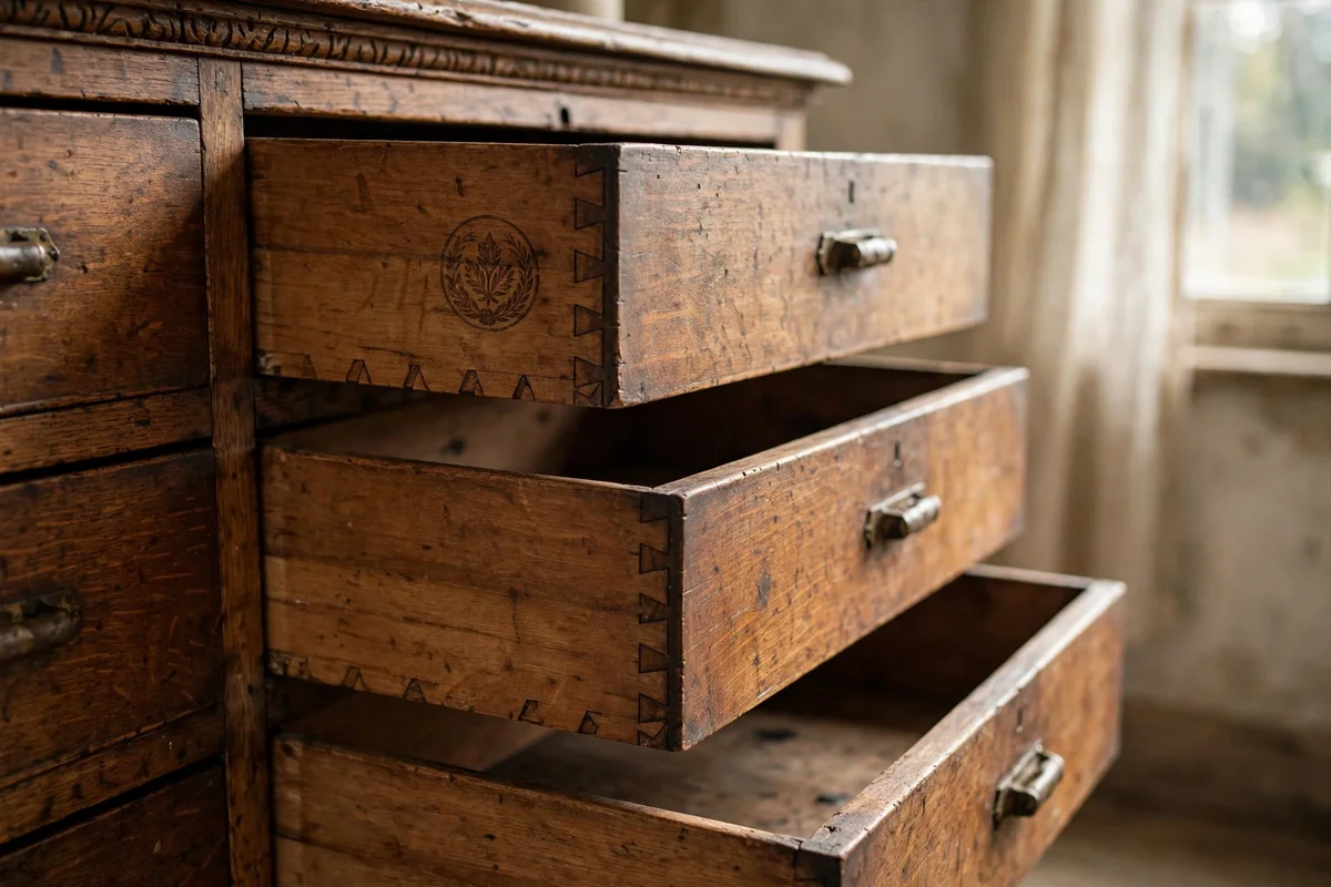 Antique dresser with open drawers showing dovetail joints and maker's marks