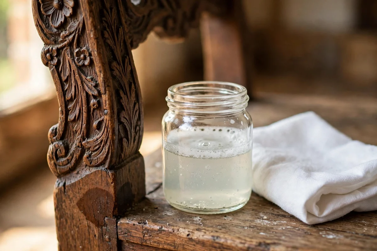 Soap solution and cloth beside the hidden back leg of an antique chair