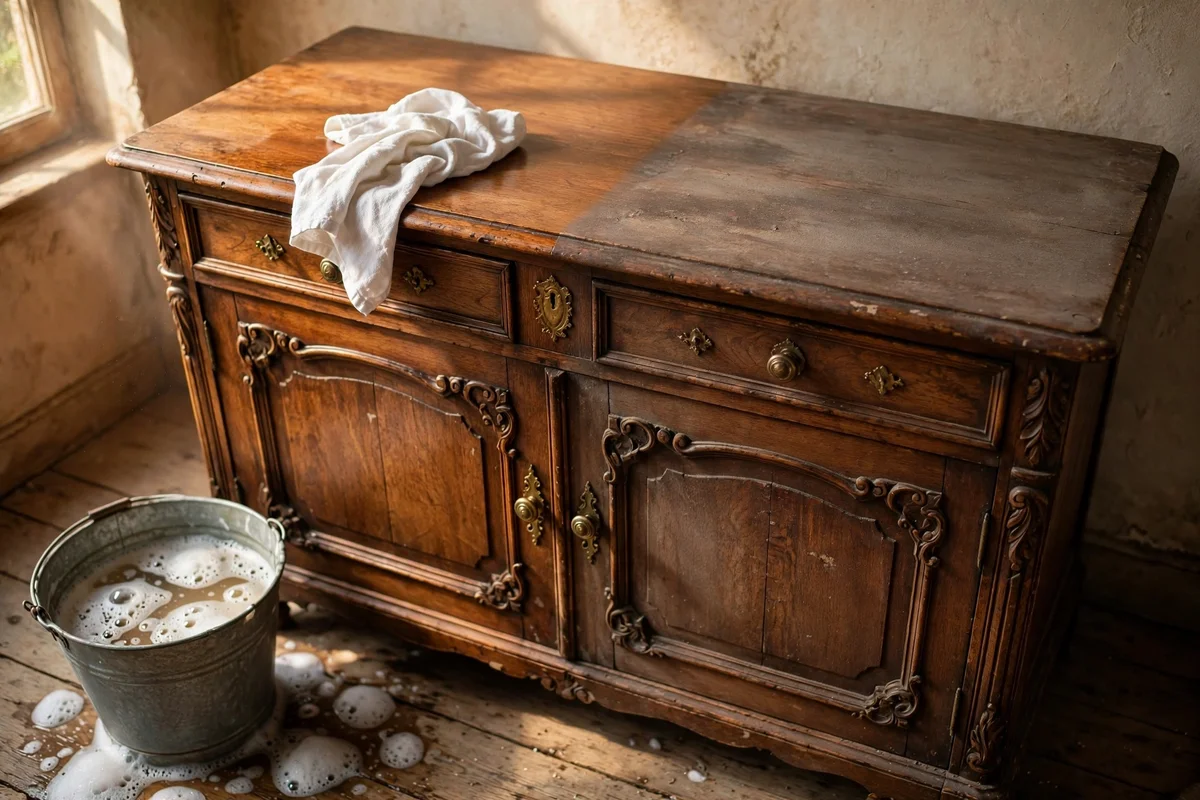 Half-cleaned antique sideboard showing grime removed with mild soap and water