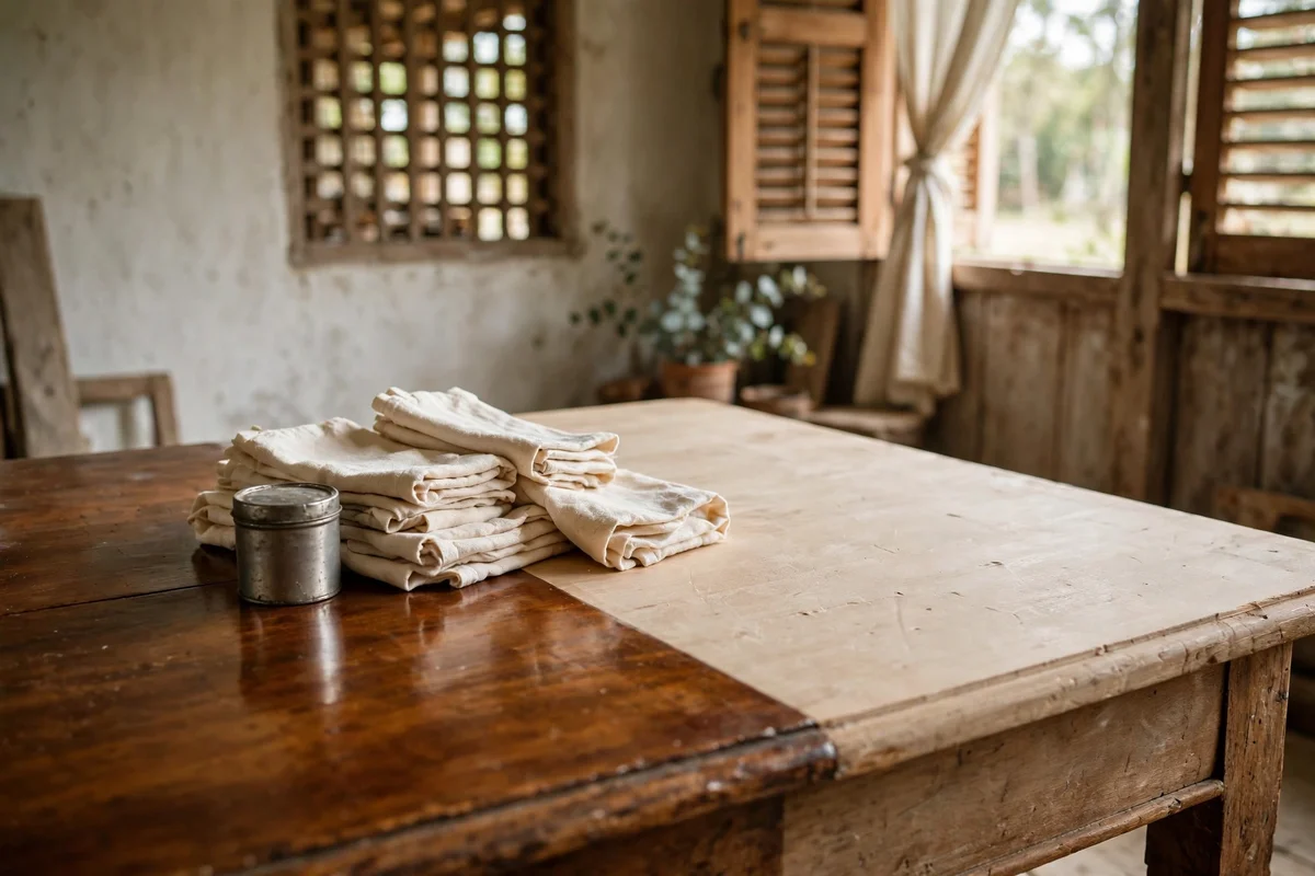 Tin of mineral spirits and cloths beside an antique table during wax removal