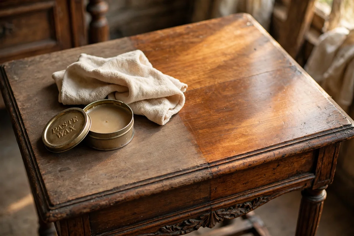 Antique side table half-buffed with paste wax, showing revived dull varnish