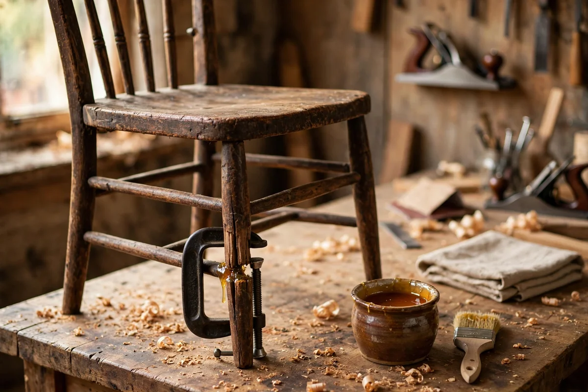 Antique chair with clamped leg joint and a pot of hide glue beside it