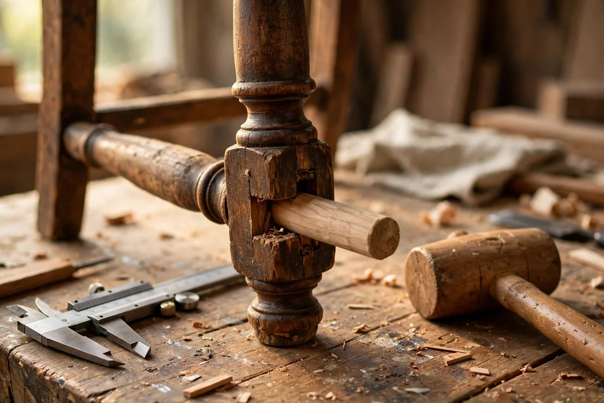 New hardwood dowel being fitted into an antique chair joint with mallet