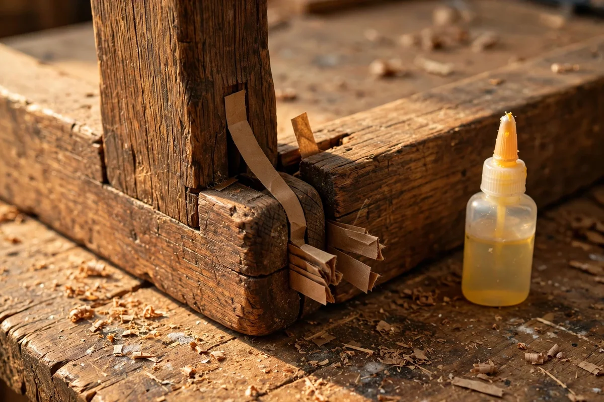 Thin paper shims and glue beside a loose antique table leg joint