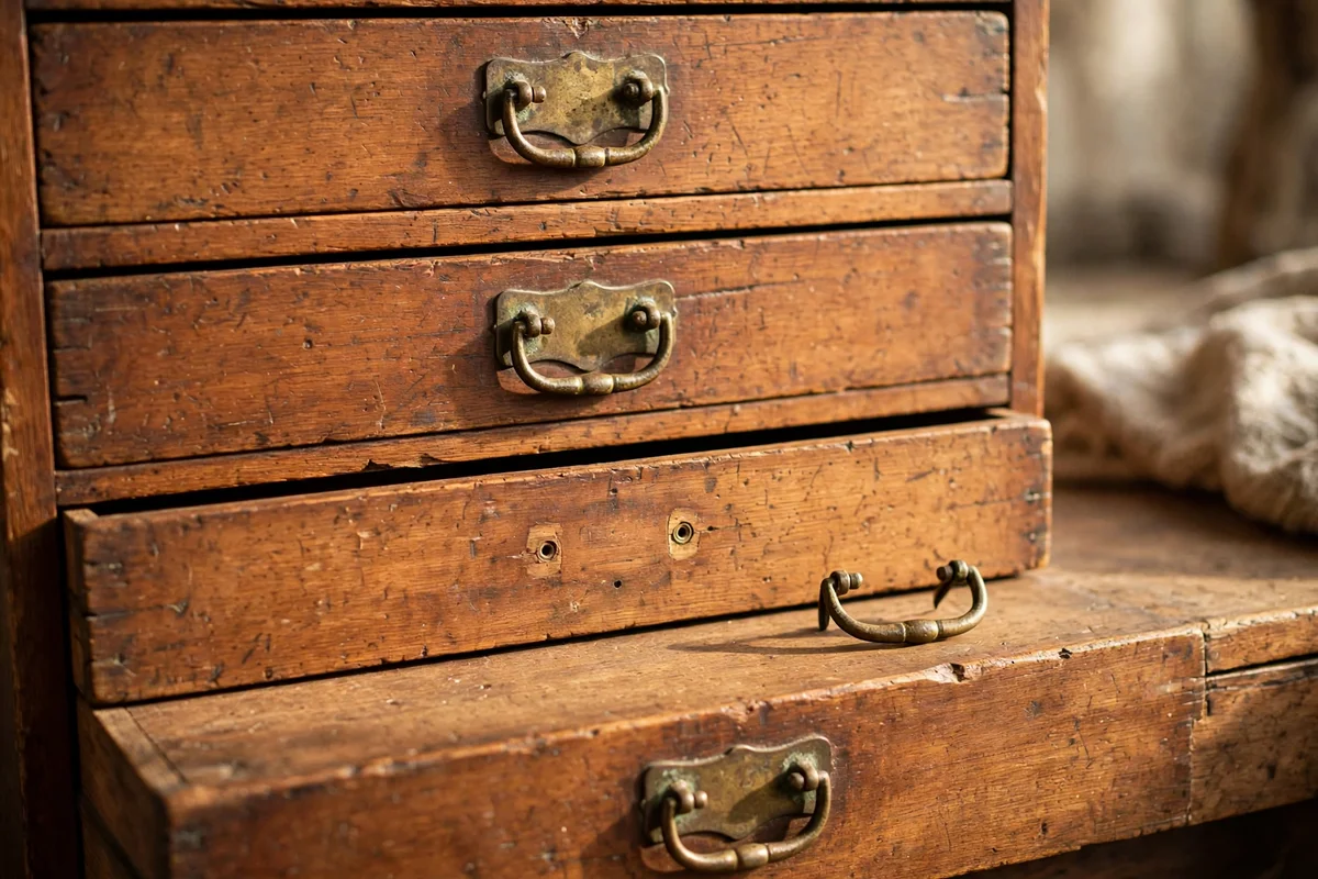 Aged brass drawer pulls on an antique chest, one removed for matching