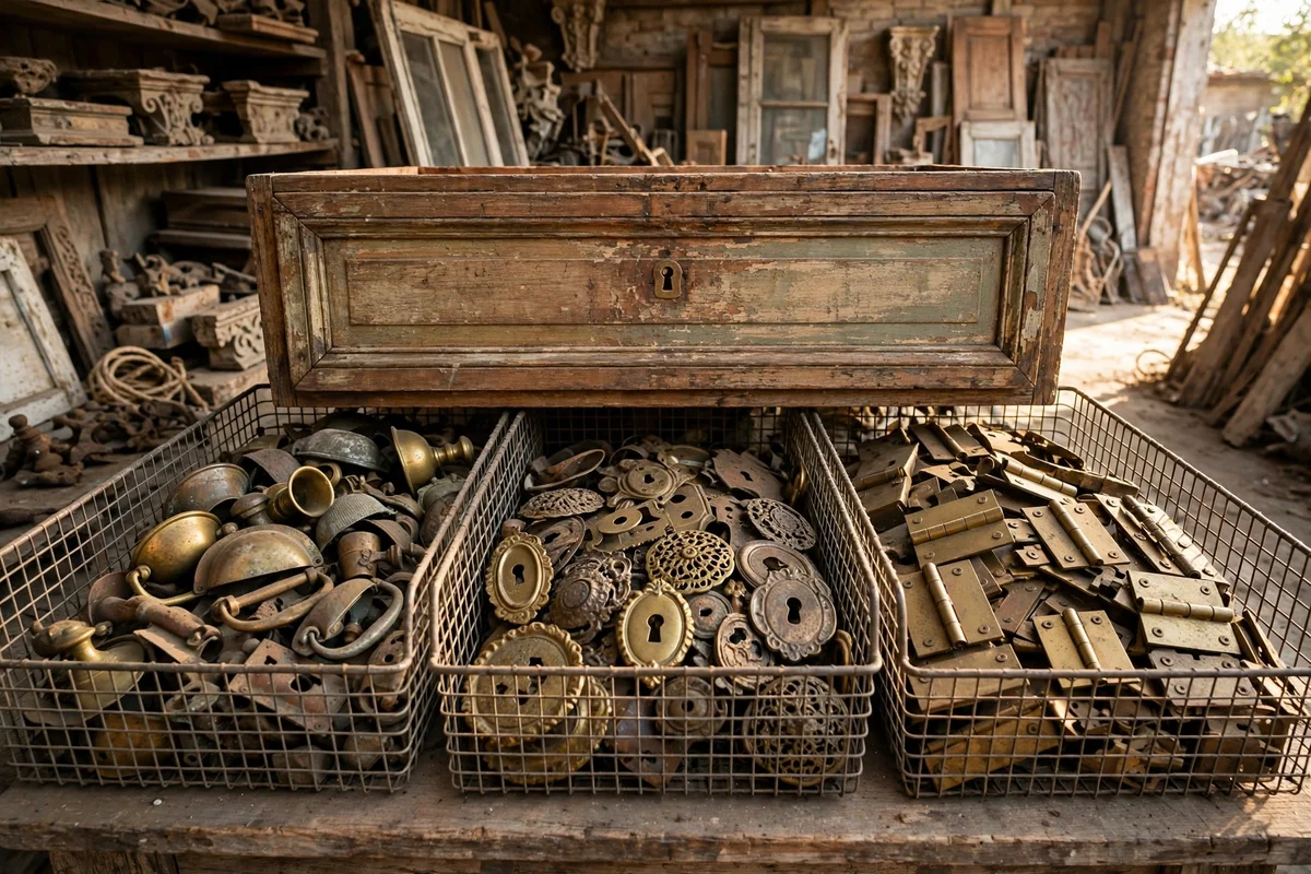 Bins of aged brass hardware at a salvage yard beside an antique drawer front