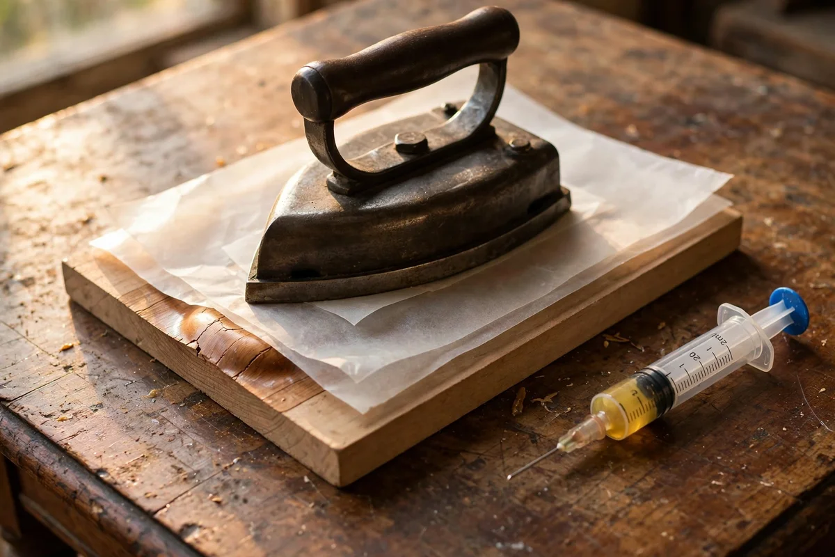 Warm iron pressing a veneer blister flat on an antique tabletop