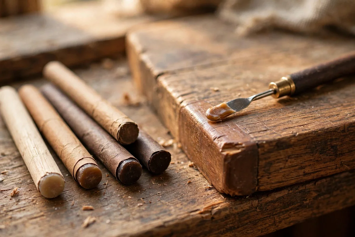 Wax sticks filling a small chip on an antique drawer edge