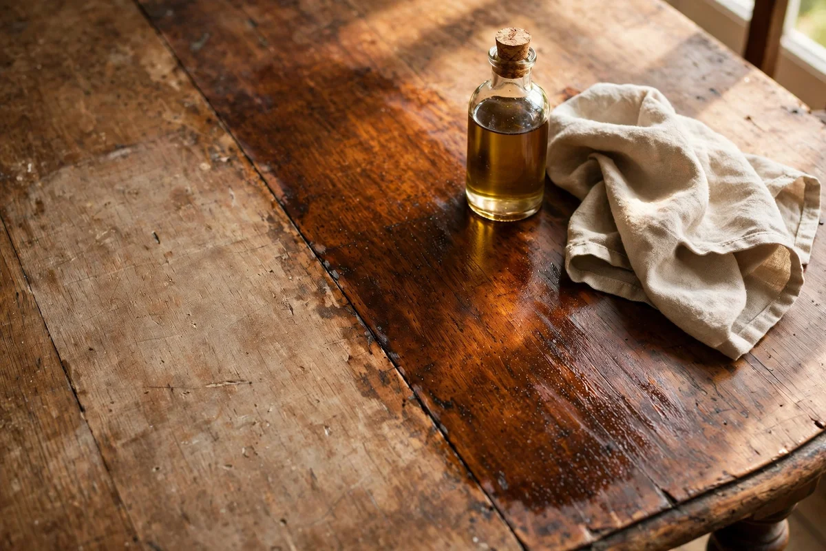 Bottle of furniture oil feeding dry antique wood on a dining table