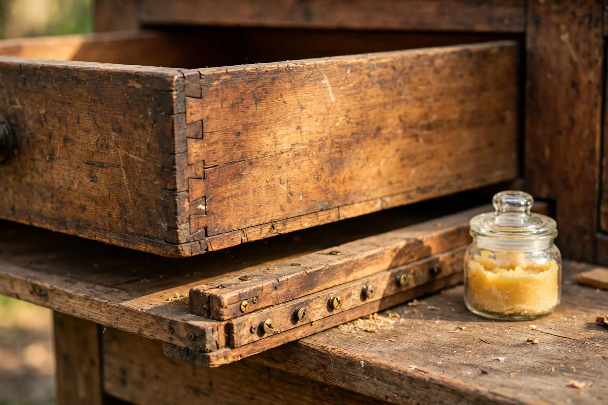 Open antique drawer showing wooden runner with brass screws and beeswax