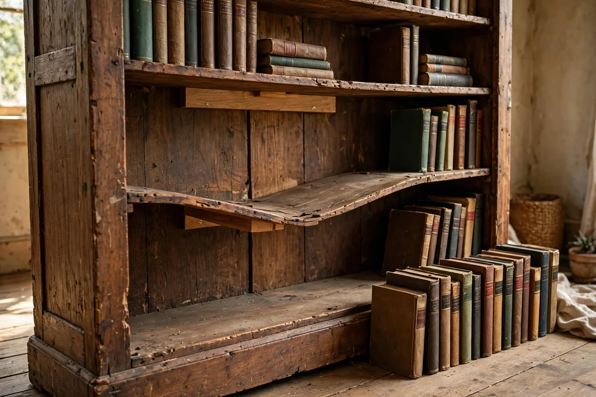 Hardwood cleat fitted under a sagging antique bookcase shelf
