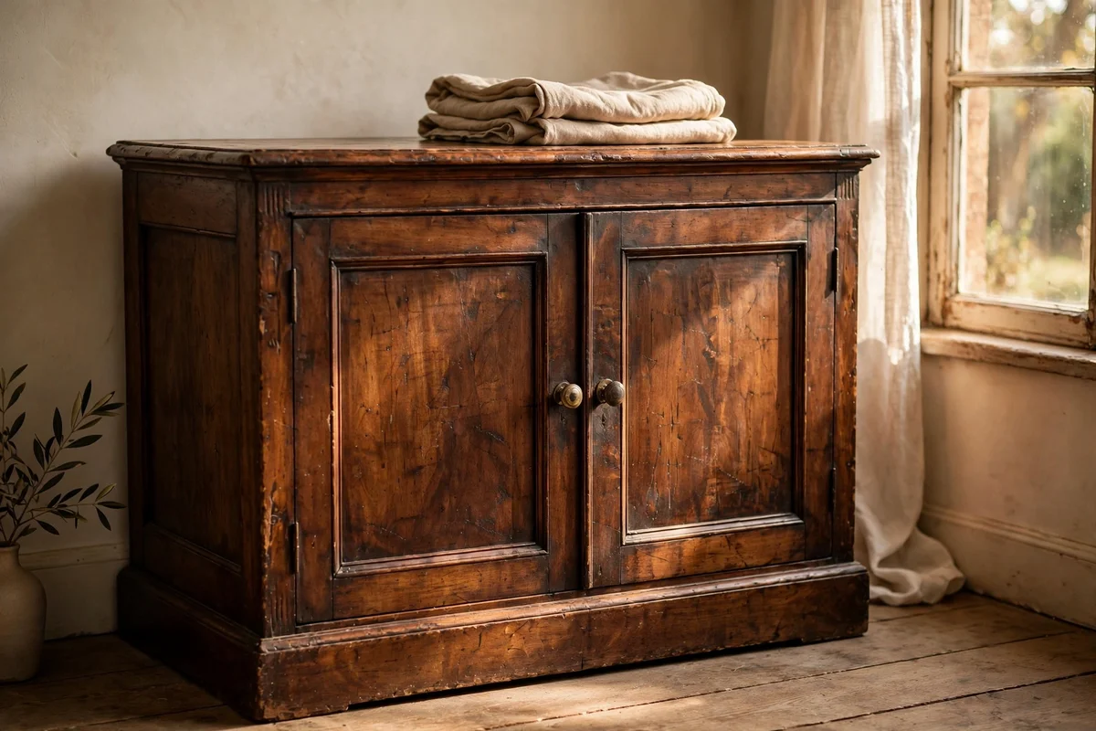 Antique walnut cabinet glowing with original patina in warm window light