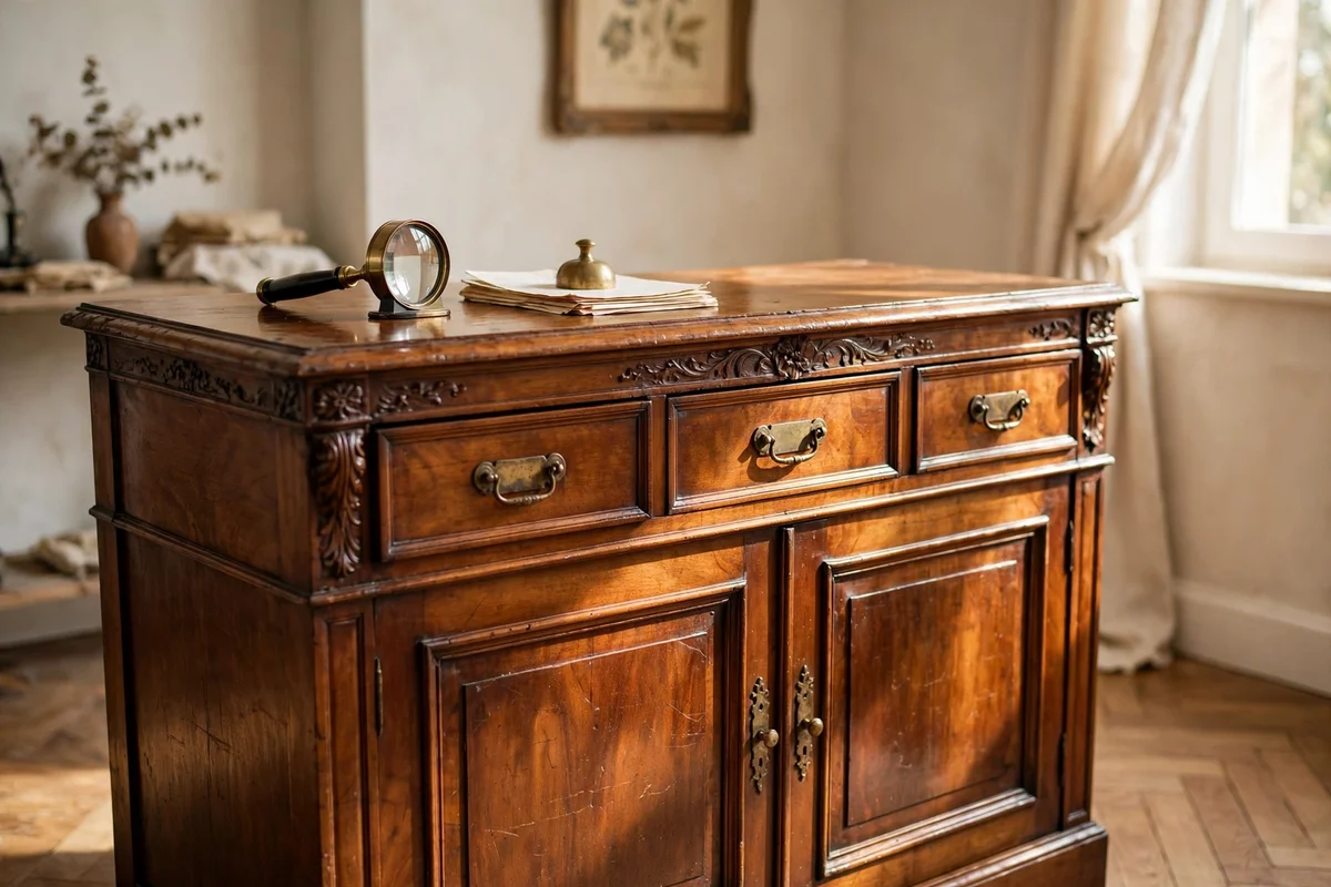 Antique sideboard awaiting professional valuation with magnifier and papers