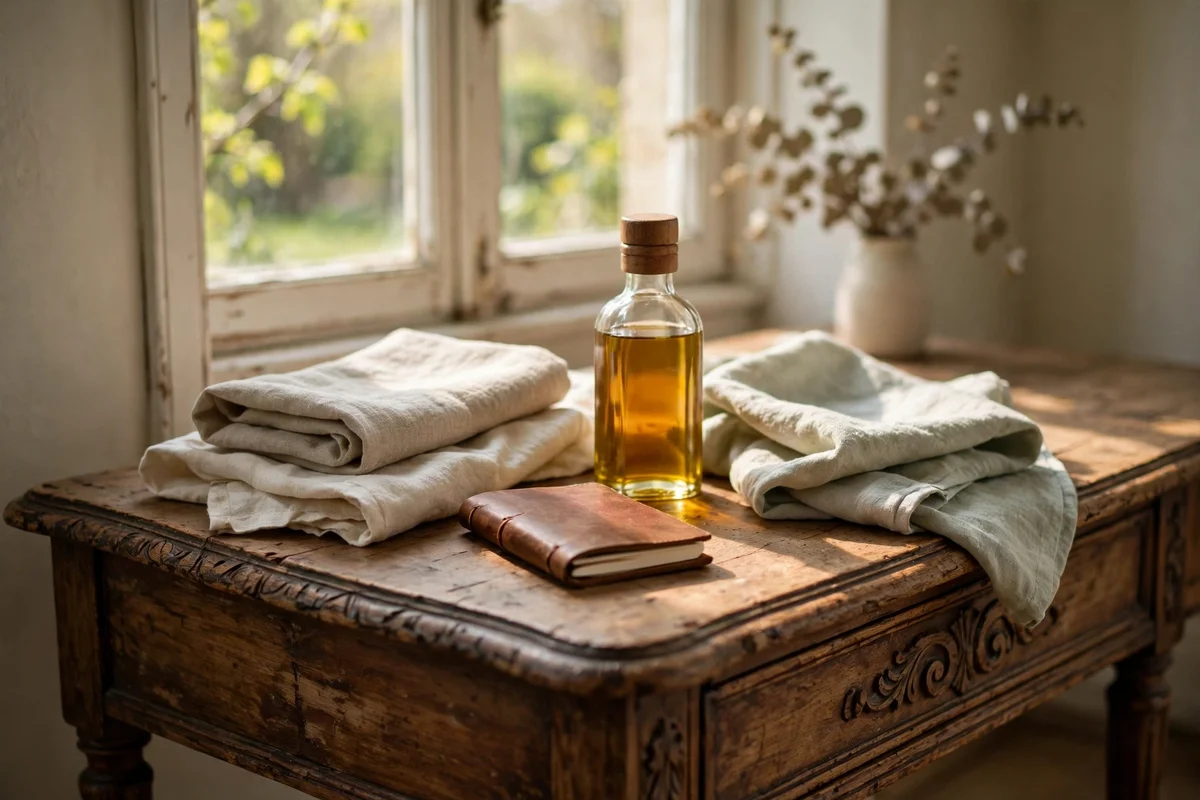 Care notebook, furniture oil and cloths on an antique side table