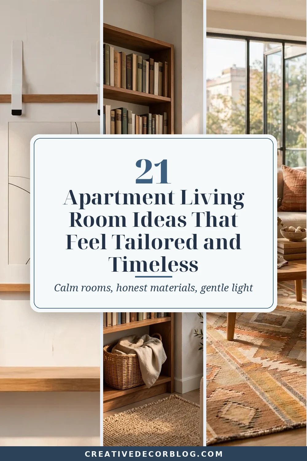 Calm apartment living room with tailored sofa, large rug, high hung linen curtains and warm lamplight