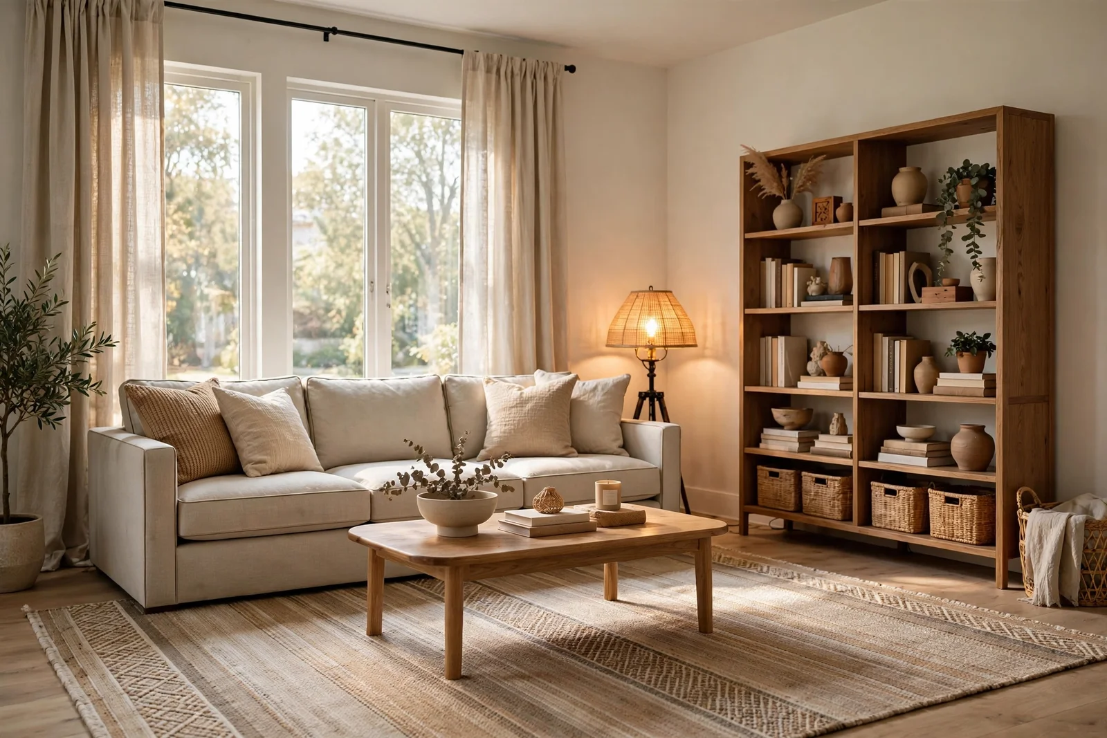 Calm apartment living room with tailored sofa, large rug, high hung linen curtains and warm lamplight