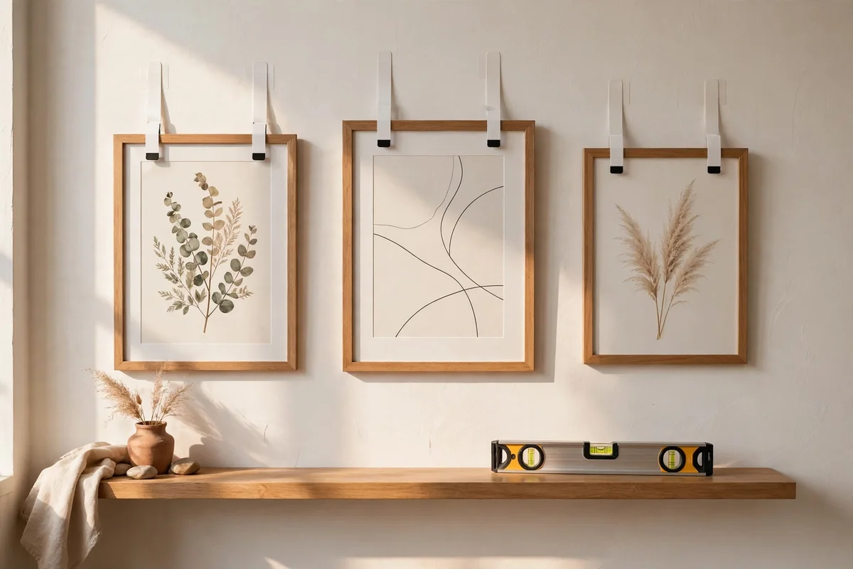 Adhesive hanging strips holding framed prints on a clean apartment wall, small level tool nearby