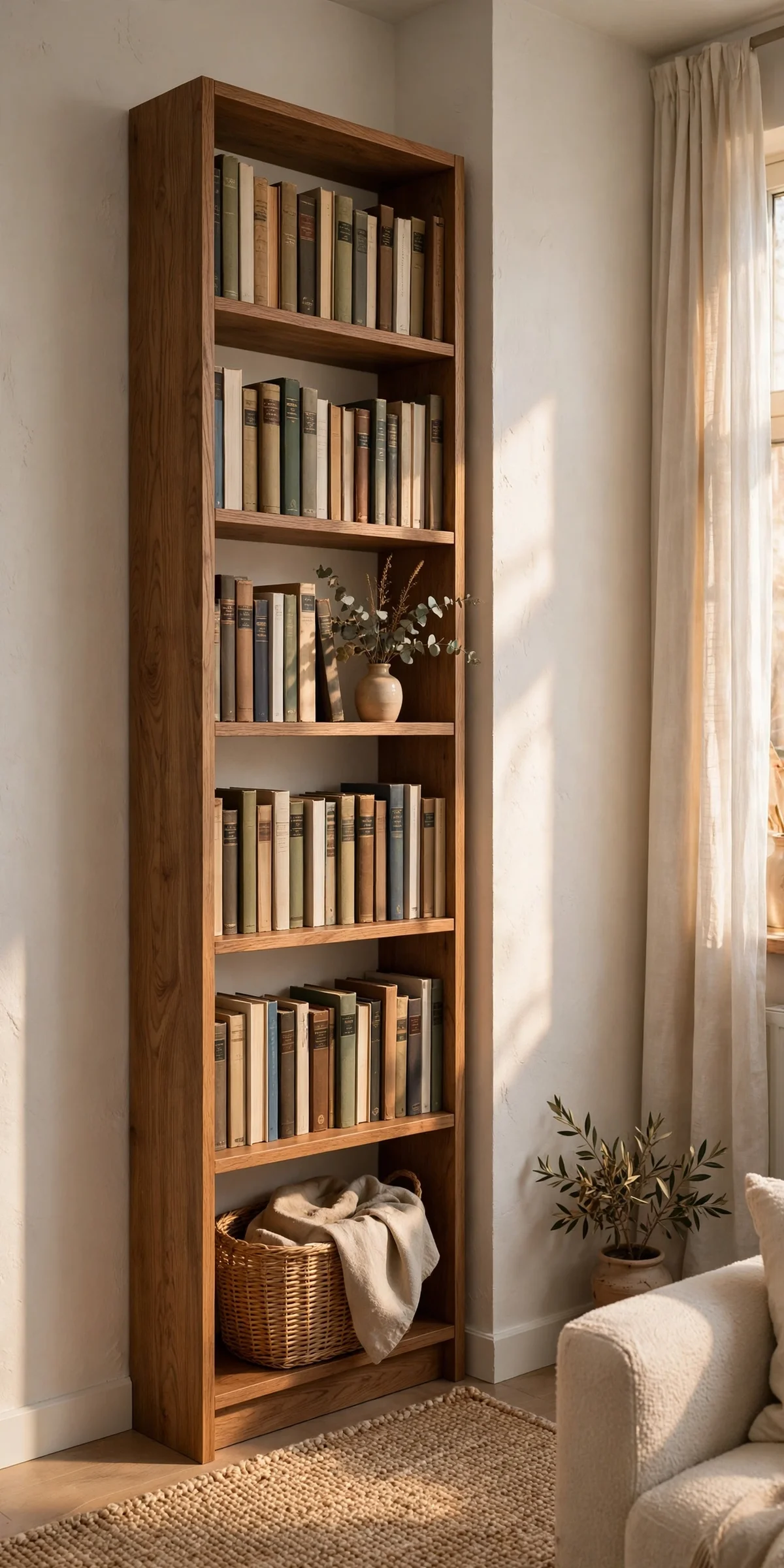 Tall narrow wooden bookcase styled with books and small decor objects in an apartment living room