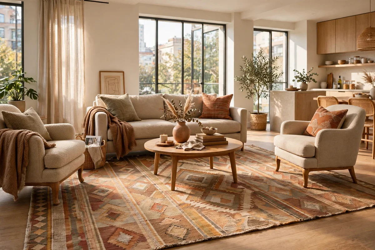 Large flatweave rug anchoring a sofa and armchairs in an open plan apartment living zone