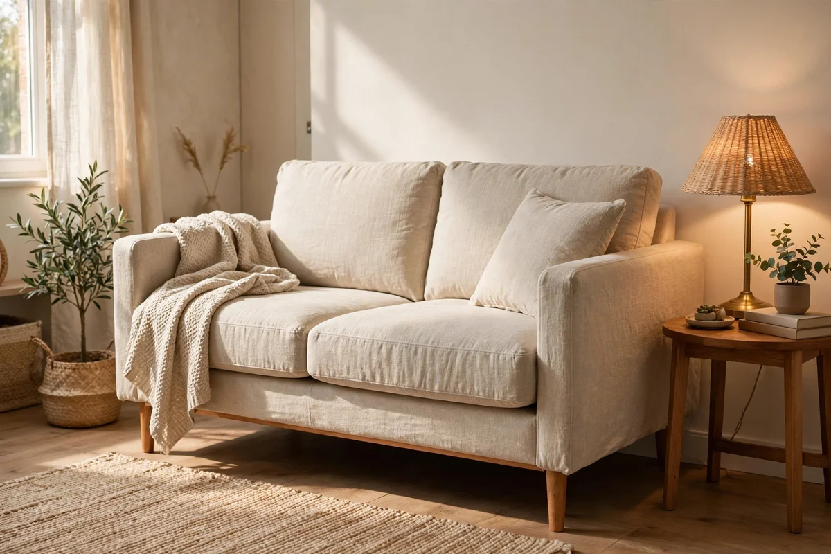Compact two seat sofa with washable oatmeal cover and raised legs in a small apartment living room